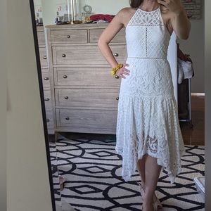 Parker White Lace Midi Dress - High-Neck Halter with Handkerchief Hem XS 0